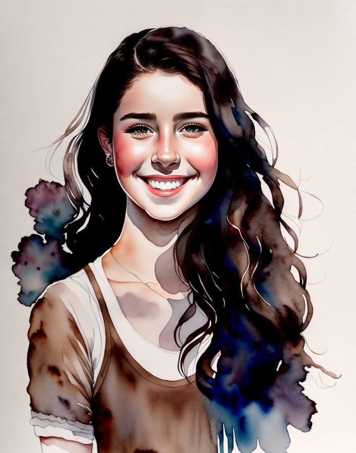 Smiling young woman with long, wavy dark hair in watercolor