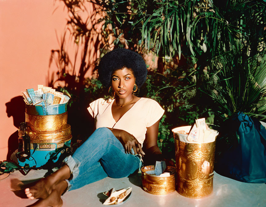 Confident woman surrounded by plants and money pots in warm lighting