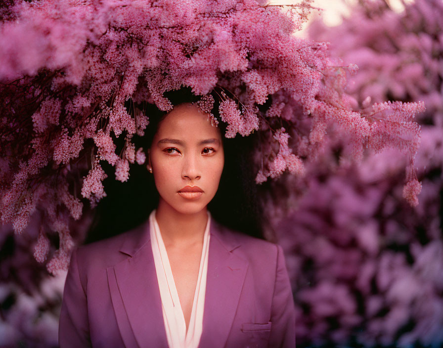 Serene person in lilac suit surrounded by pink blossoms