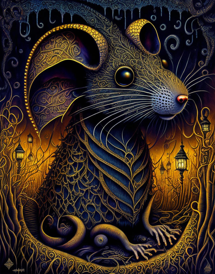 Detailed stylized mouse illustration with intricate patterns on dark ornate background.