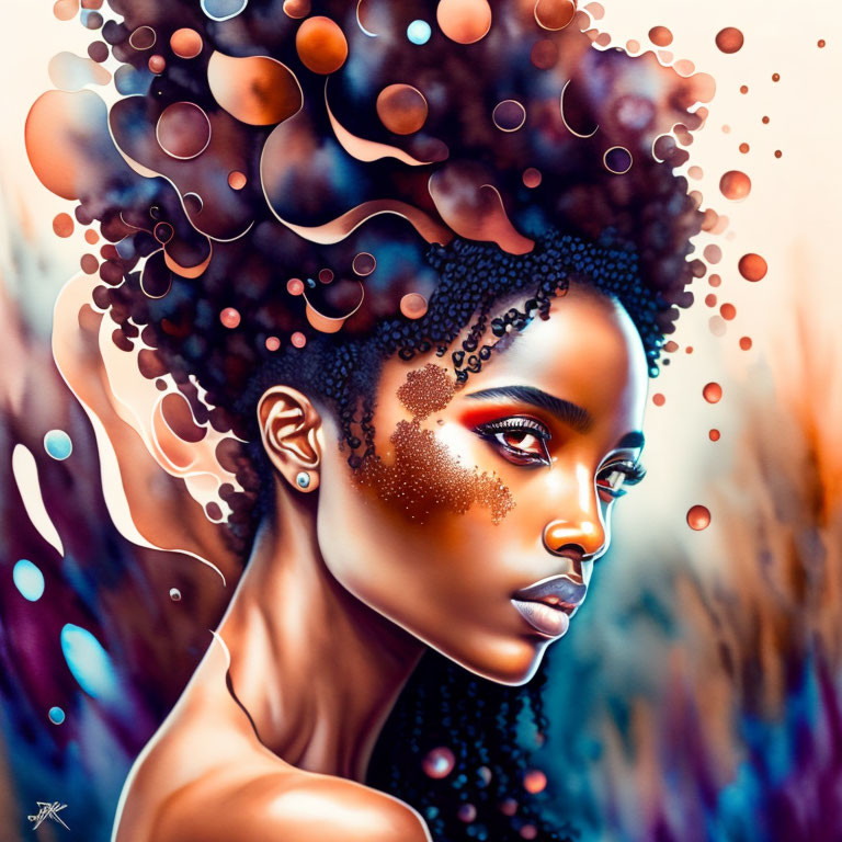 Vivid digital artwork: Woman with voluminous afro & colorful bubbles