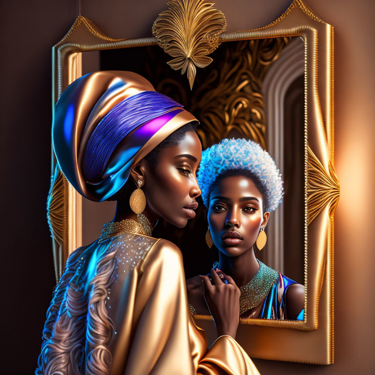 Elegant woman in ornate attire gazes at reflection in golden mirror