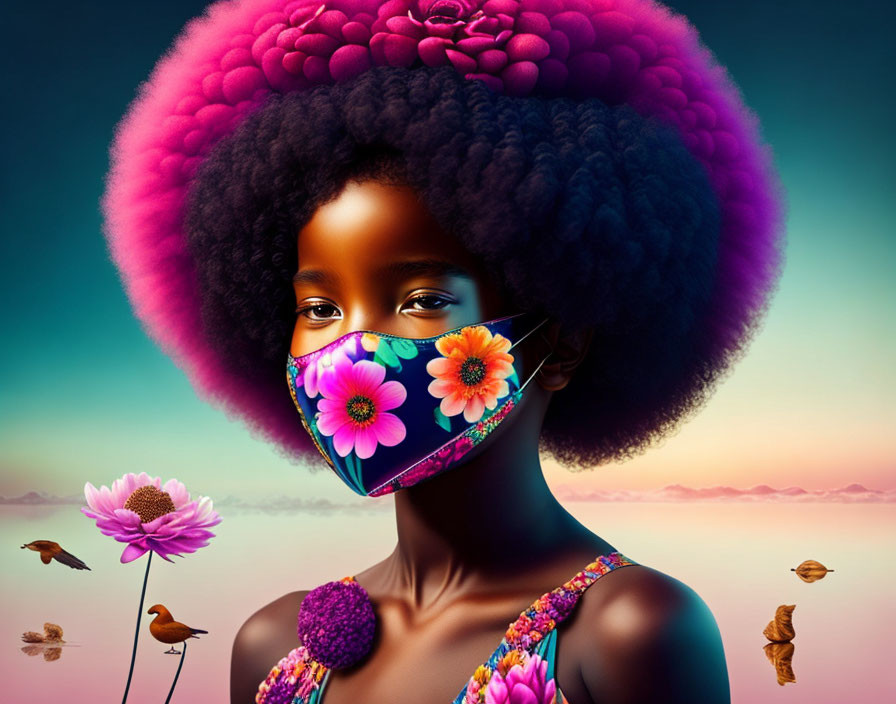 Vibrant pink afro girl in floral mask with surreal background