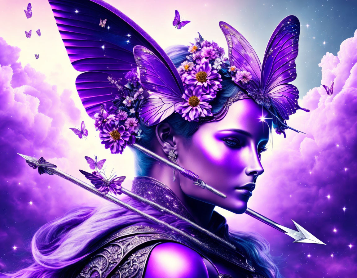 Fantasy illustration of female warrior with violet skin and butterfly motifs