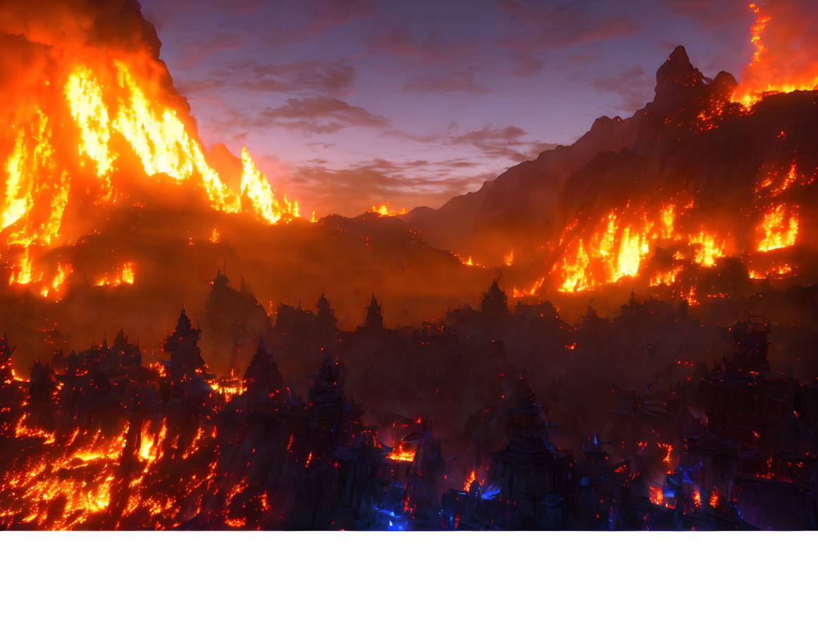 Fiery landscape with flowing lava, dark village, and smoky orange sky