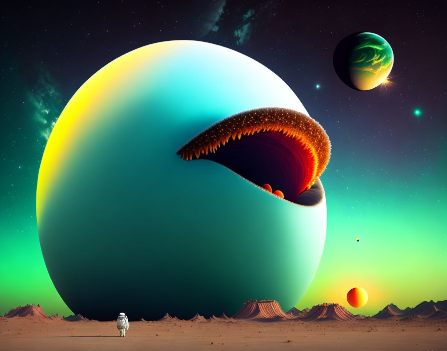 Astronaut on alien desert landscape with surreal colorful creature