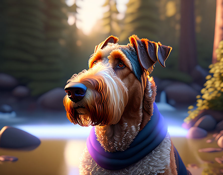 Stylized 3D illustration of attentive dog in forest setting