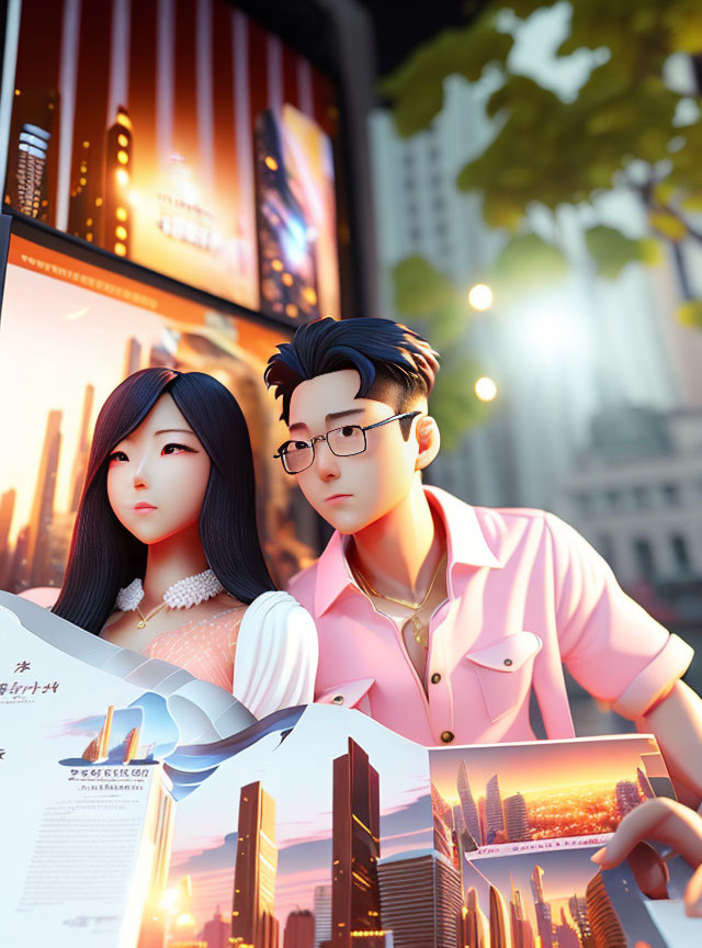 Male and female animated characters with cityscape and open book in the background.