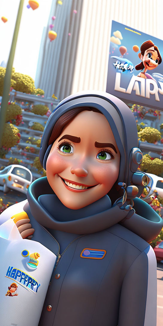 Cheerful animated character in hijab with headset at Happy Party event