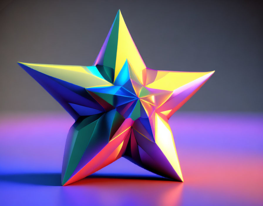 Vibrant 3D star with reflective facets on gray surface, purple and orange lighting