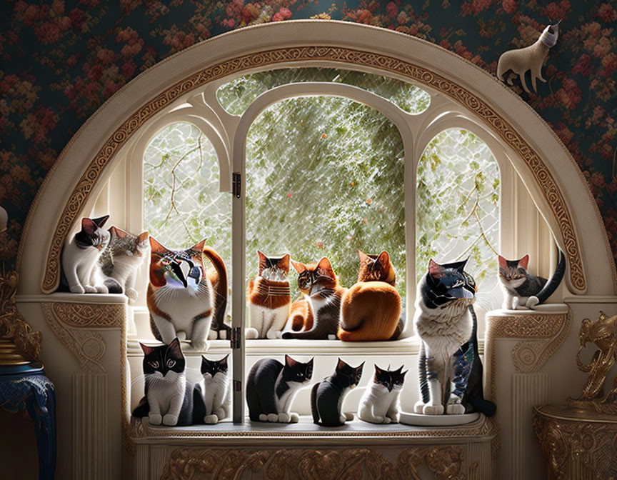 Eleven cats of various breeds on ornate indoor window ledge with snow-covered tree view