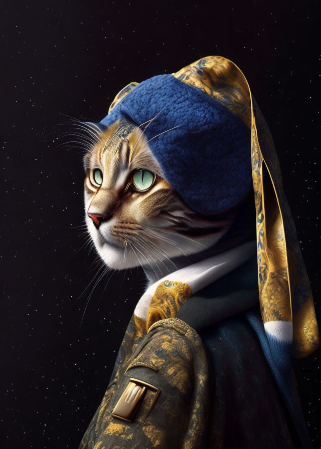 Digital Artwork: Cat in Renaissance Attire with Turban