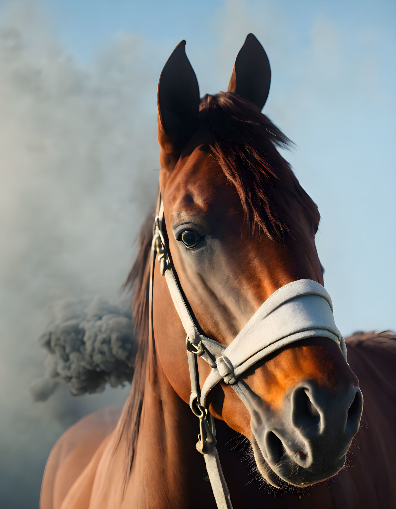 Brown horse with white blaze in halter under blue sky