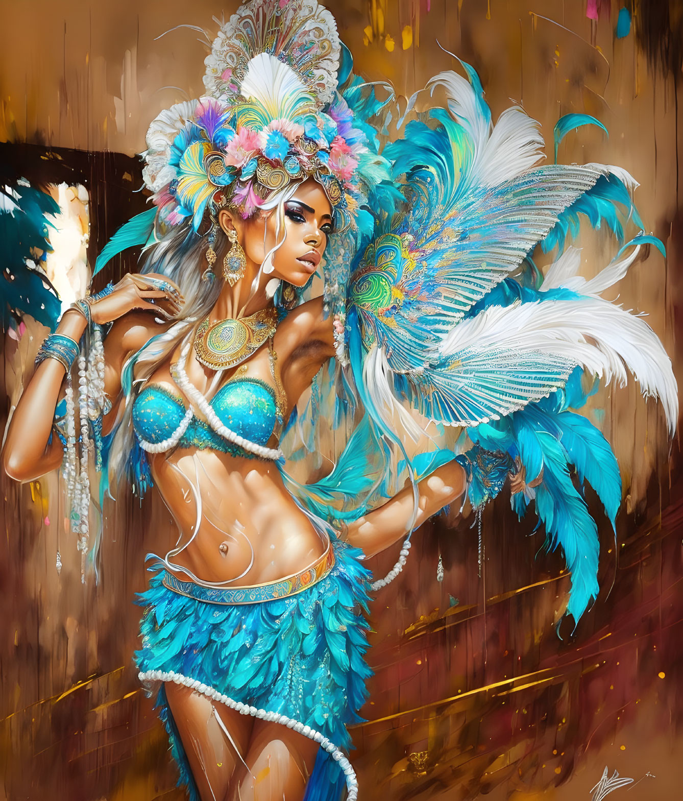 Colorful Carnival Costume with Feathered Headpiece and Wings