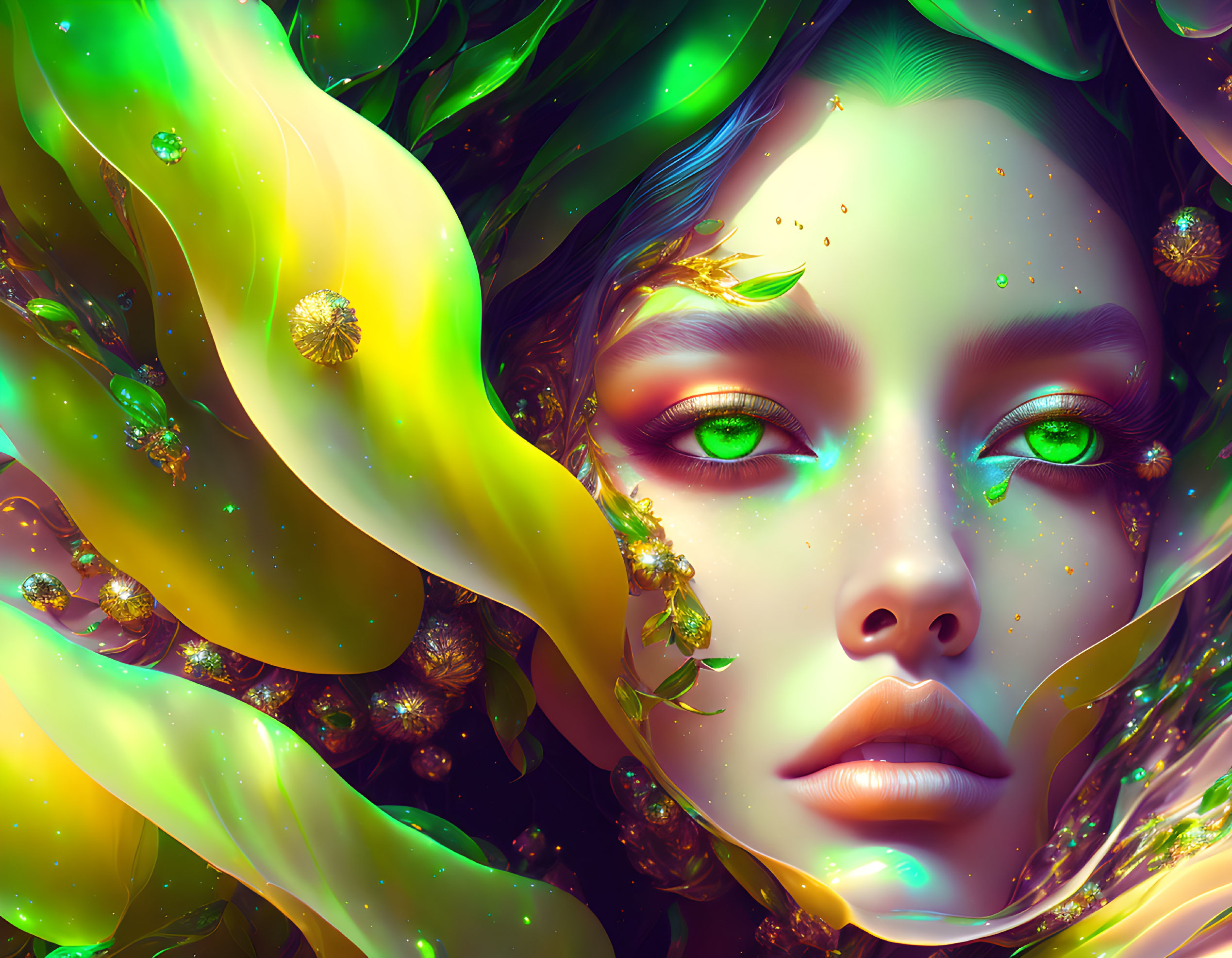 Ethereal portrait of a woman with vibrant green eyes and leaf-like embellishments.