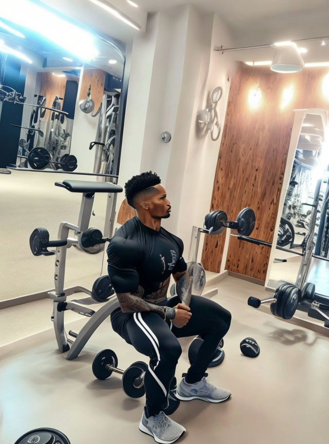 Person sitting on bench holding dumbbell in gym setting with sports attire and equipment.