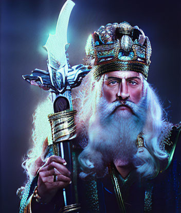 Regal figure with white beard in gem-encrusted crown and blue robes holding ornate sword