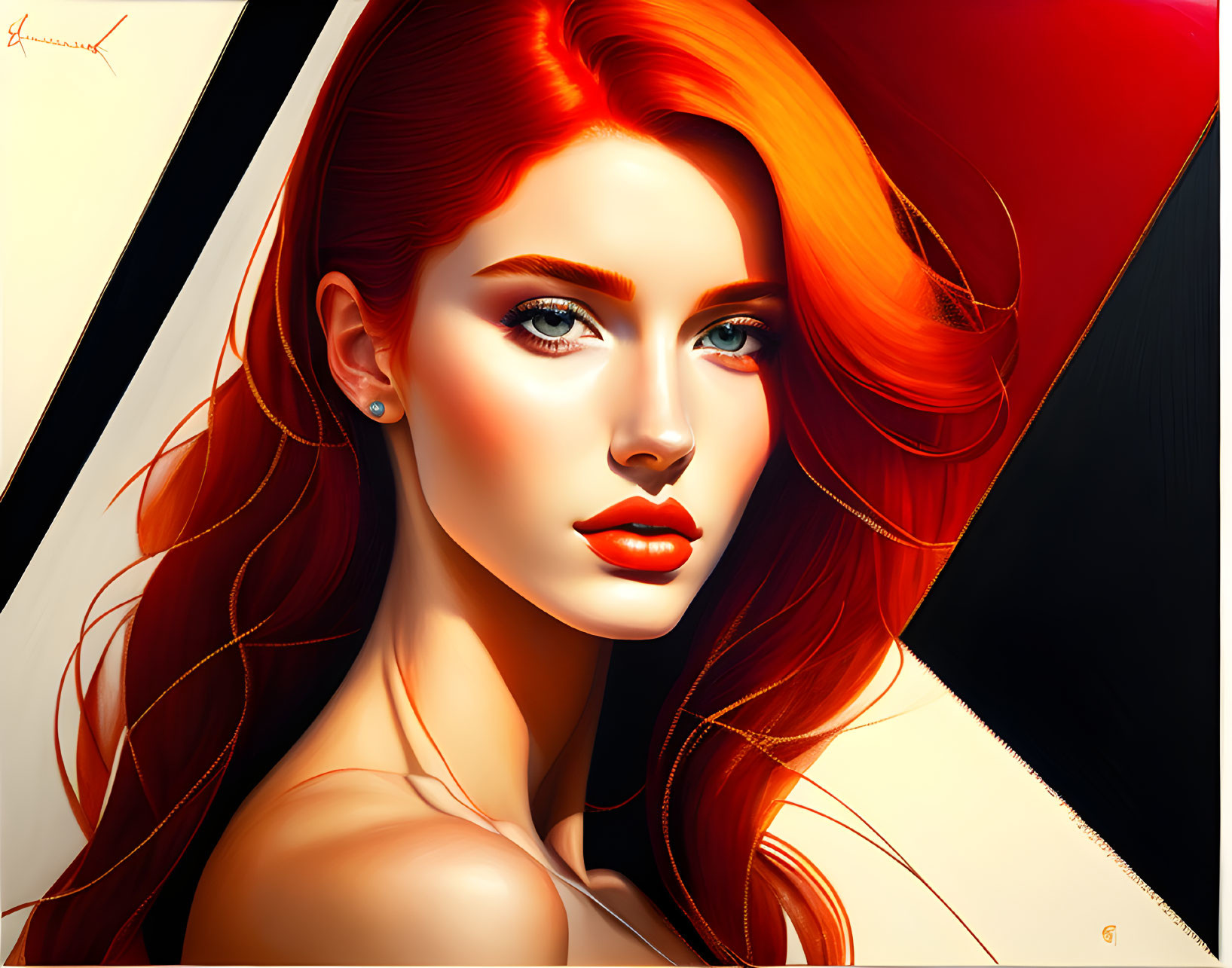 Vibrant red-haired woman with striking blue eyes and red lipstick