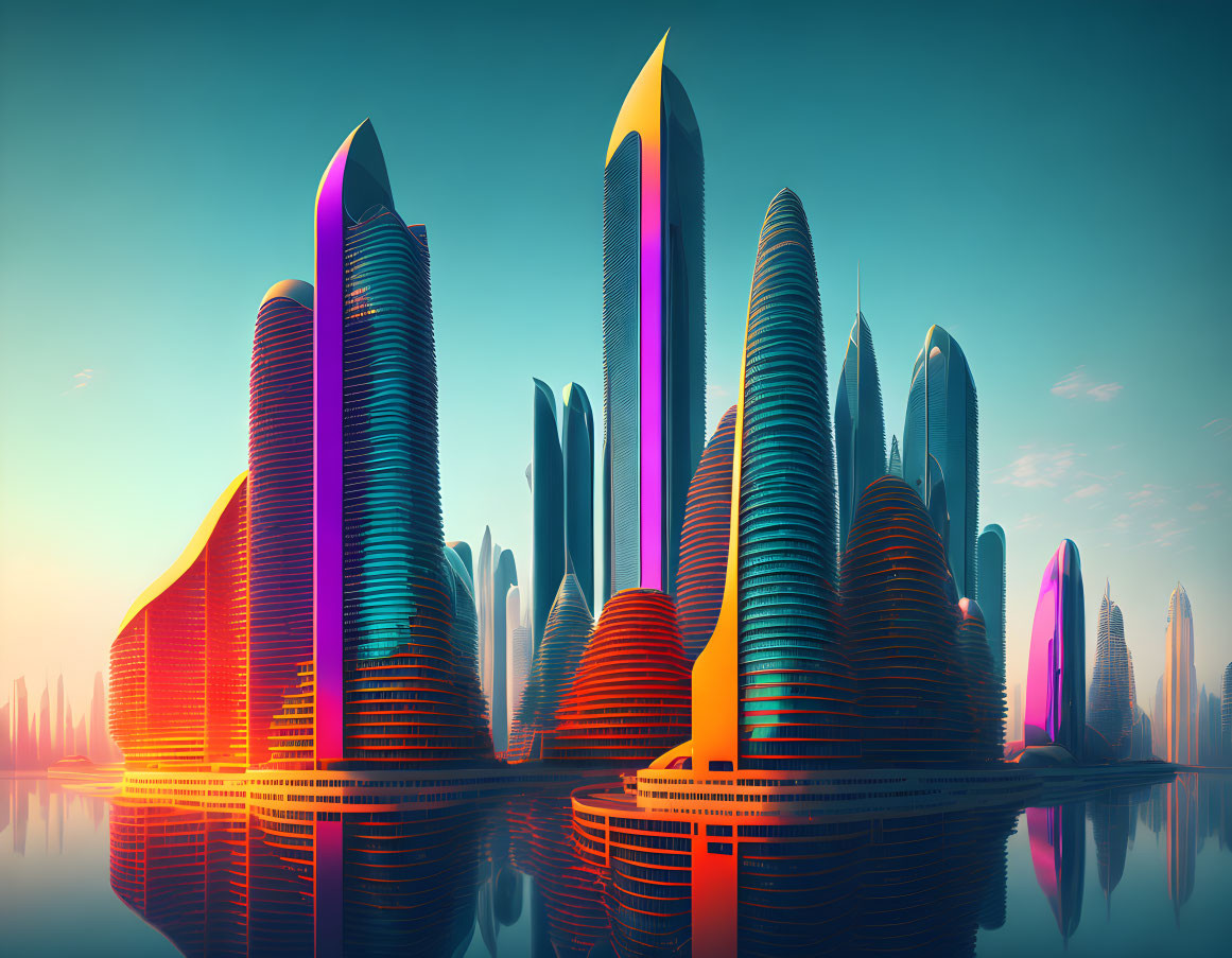 Futuristic cityscape with tall buildings reflecting on water at dawn or dusk