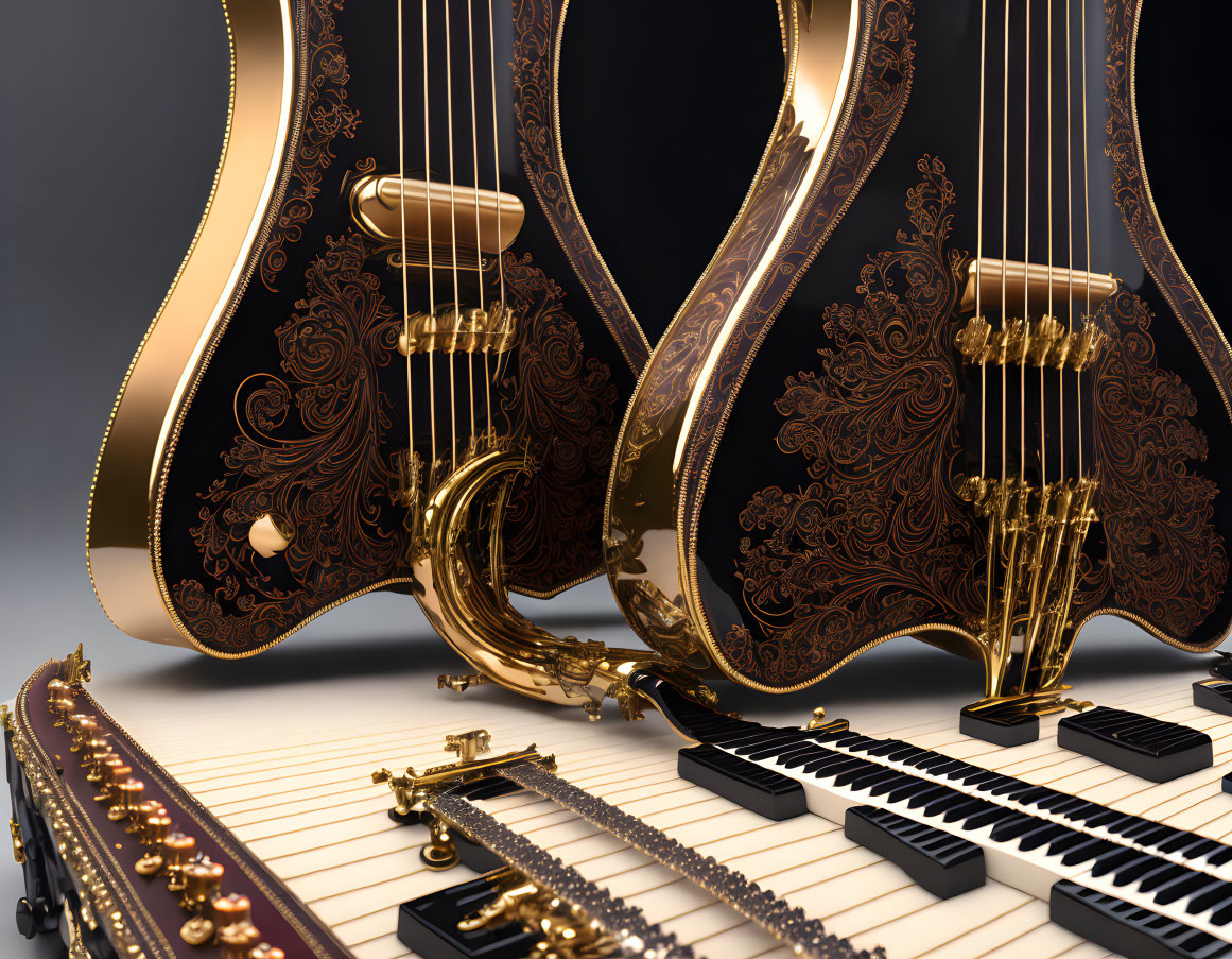 Elegant Black Guitars with Gold Accents and Intricate Designs