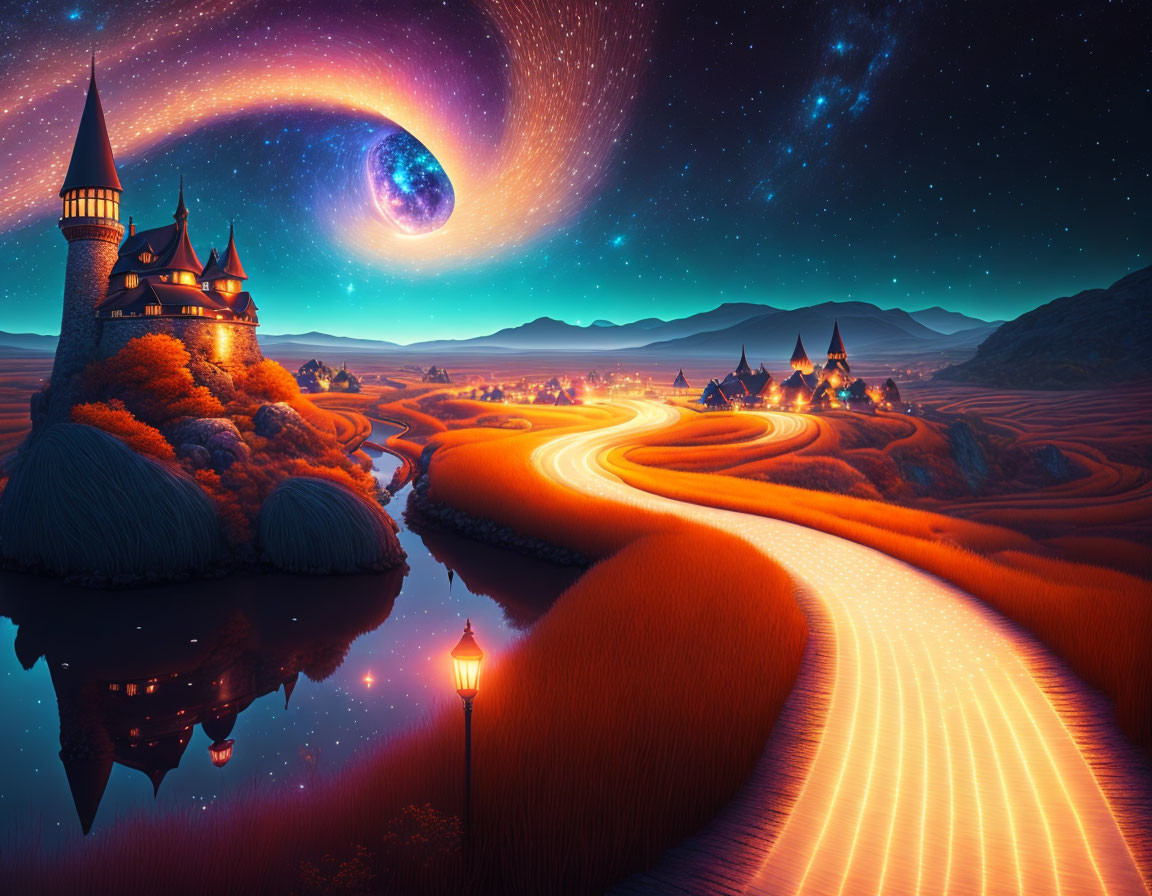 Fantasy landscape with glowing river, castle, starry sky, spiral galaxy, and planet.