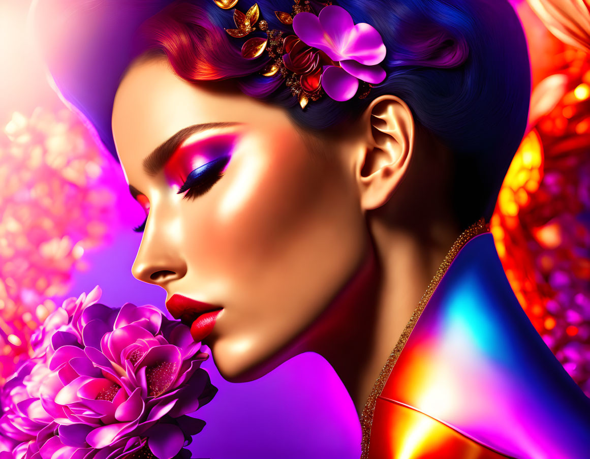 Colorful makeup and floral adornments on a woman against a vibrant backdrop