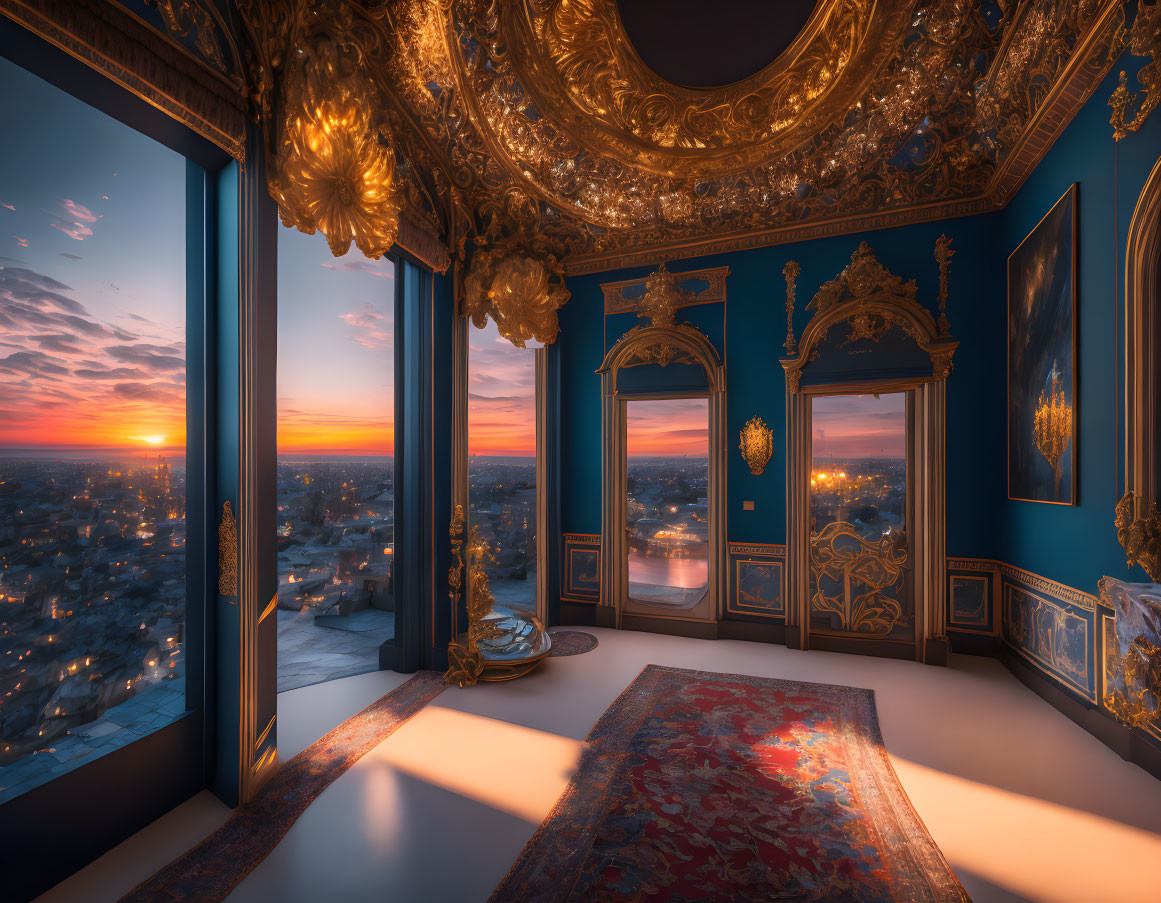 Luxurious Room with Blue Walls, Gold Trim, and Sunset Cityscape View