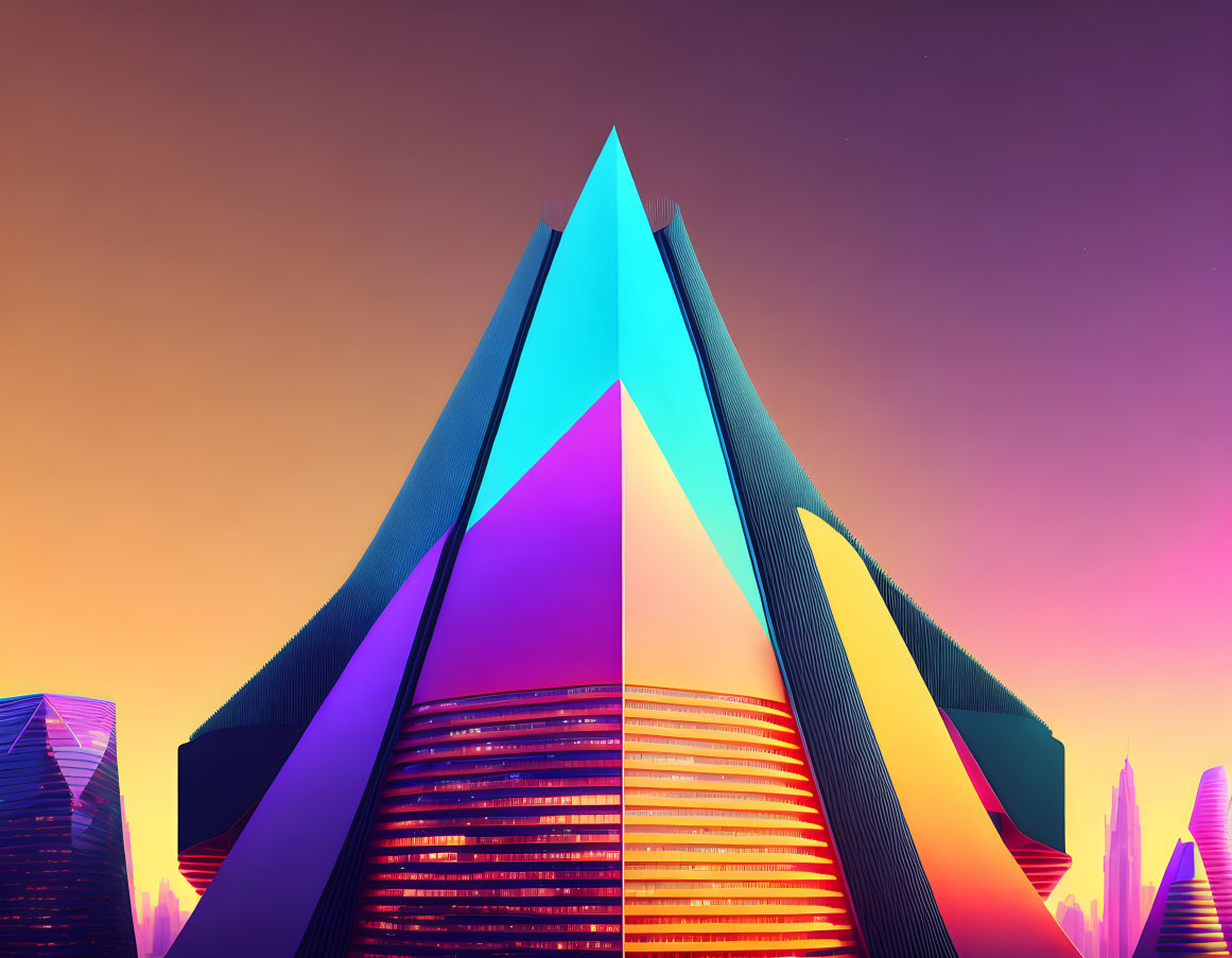 Futuristic cityscape with neon-illuminated building at sunset