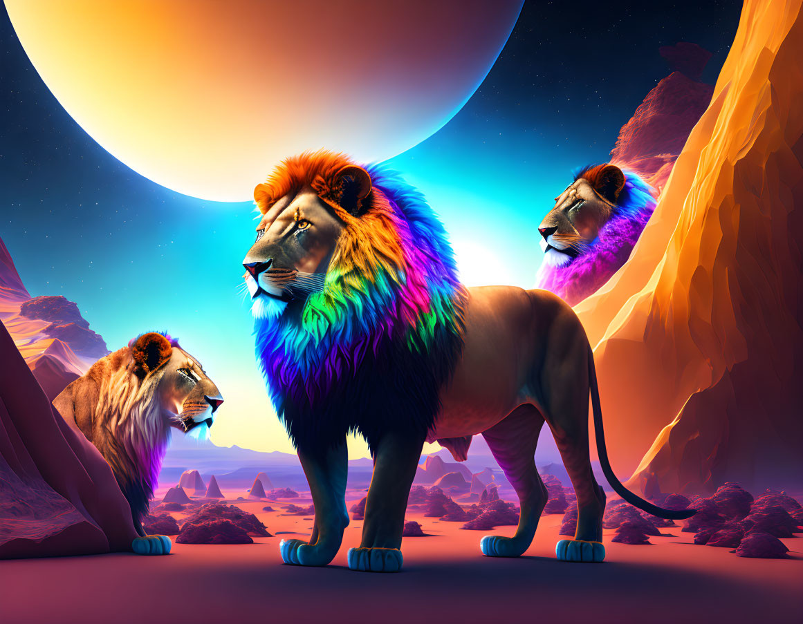 Colorful Maned Lions in Surreal Moonlit Landscape