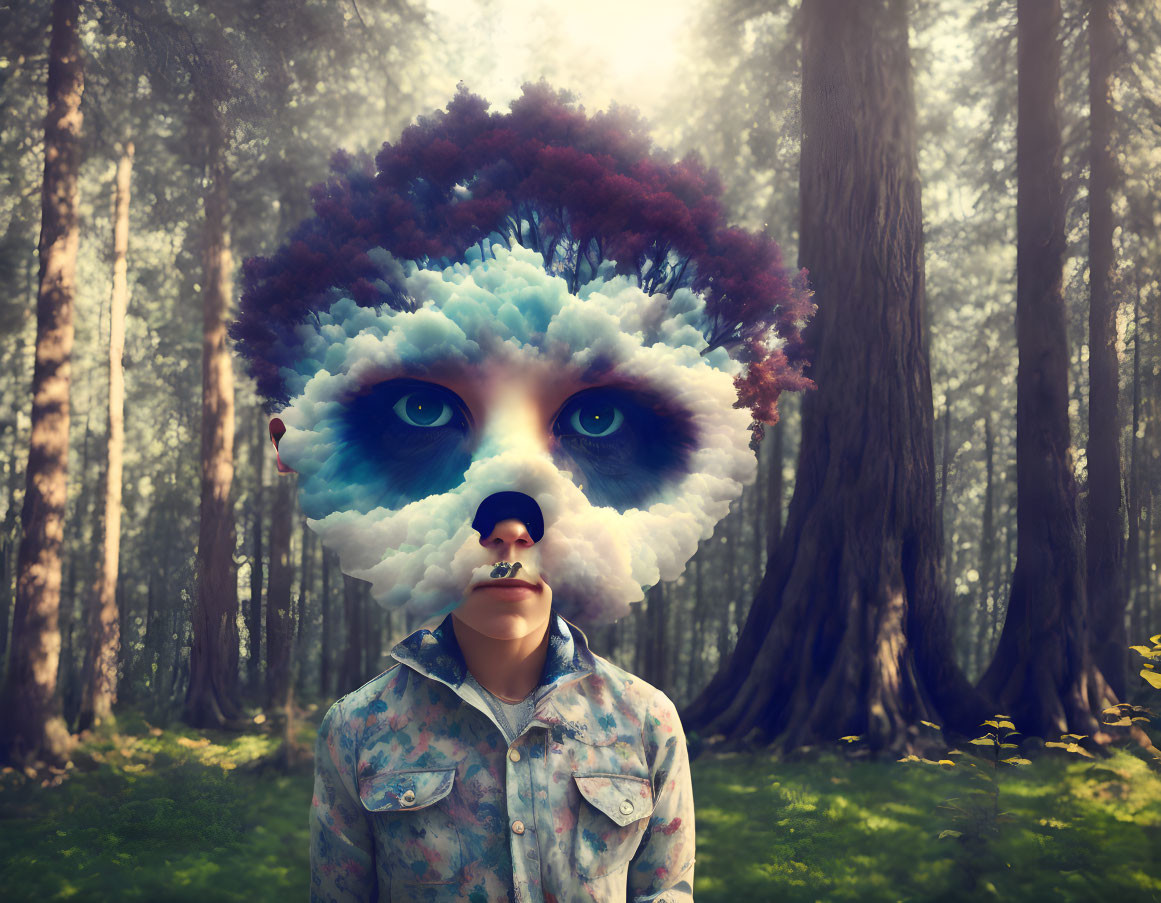 Person in forest with surreal cloud-patterned mask and intense blue eyes.