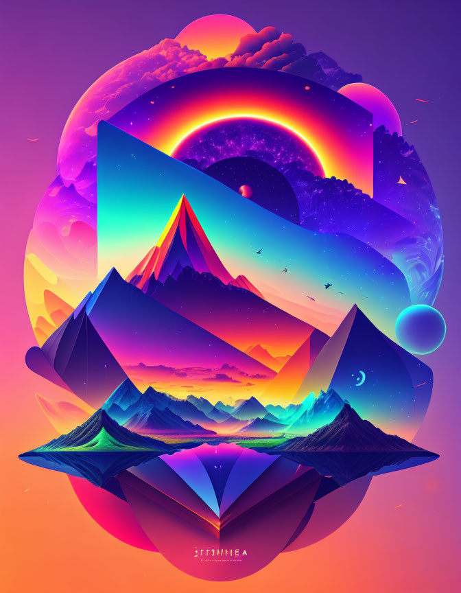 Colorful digital artwork: vibrant layered landscapes with mountains and celestial elements