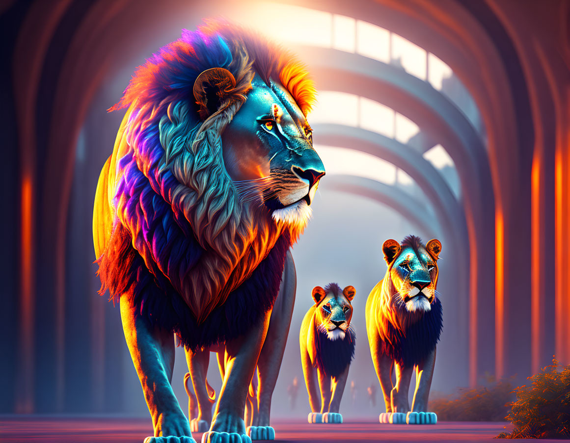 Neon fur lions under arches in surreal digital art