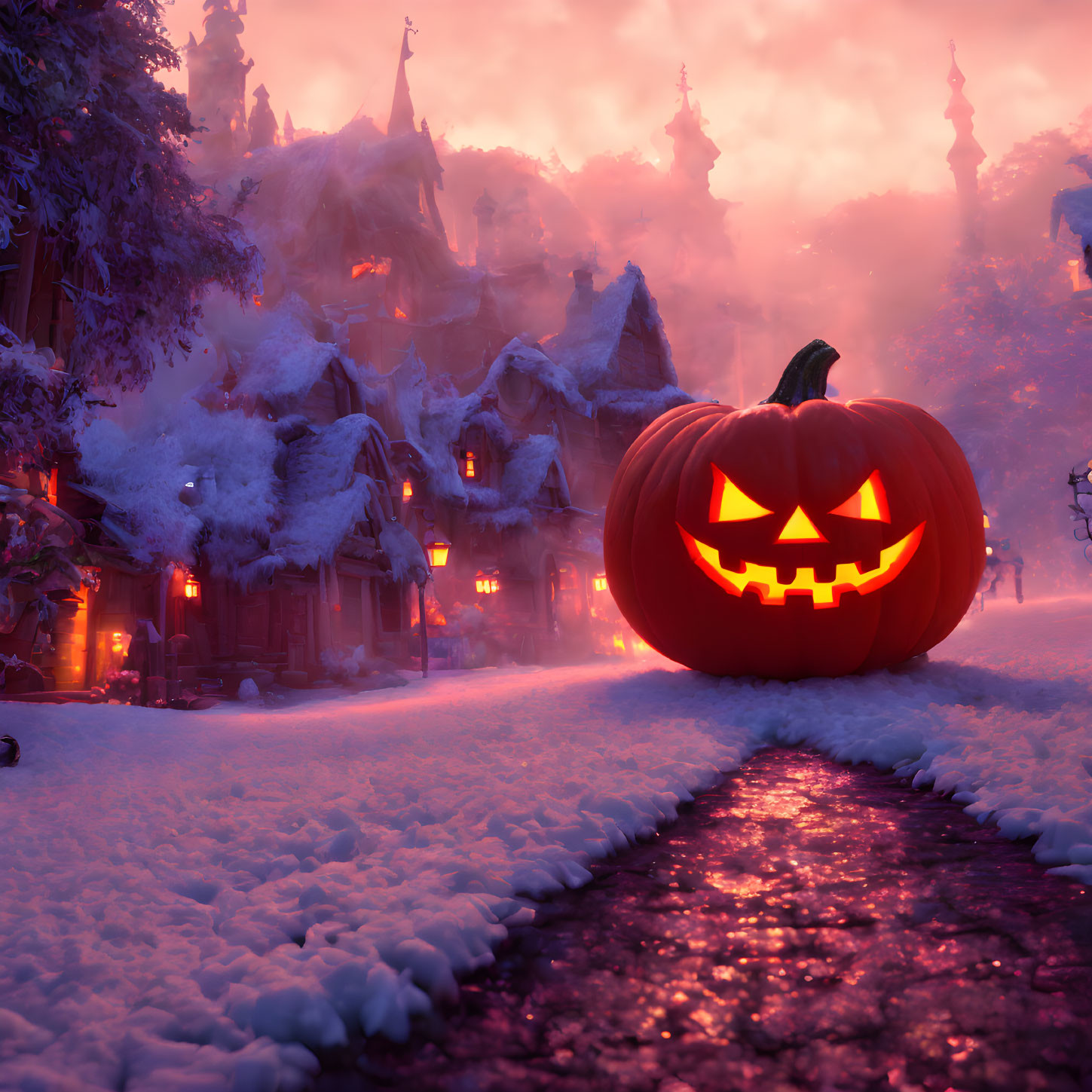 Glowing Jack-o'-lantern on Snowy Path with Quaint Houses & Twilight Sky