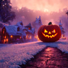 Glowing Jack-o'-lantern on Snowy Path with Quaint Houses & Twilight Sky