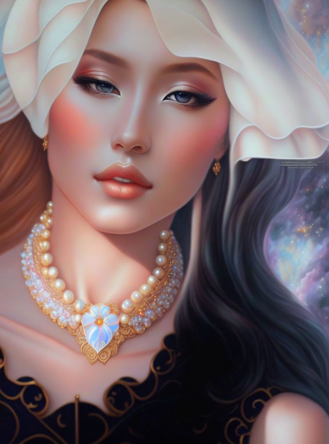 Illustration of woman with white headscarf and pearl necklace among starry cosmos