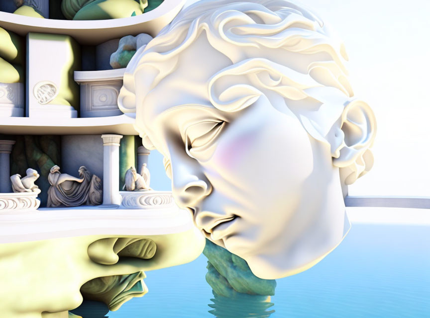 Surreal 3D artwork: Classical statue head melts into shelf with mini sculptures