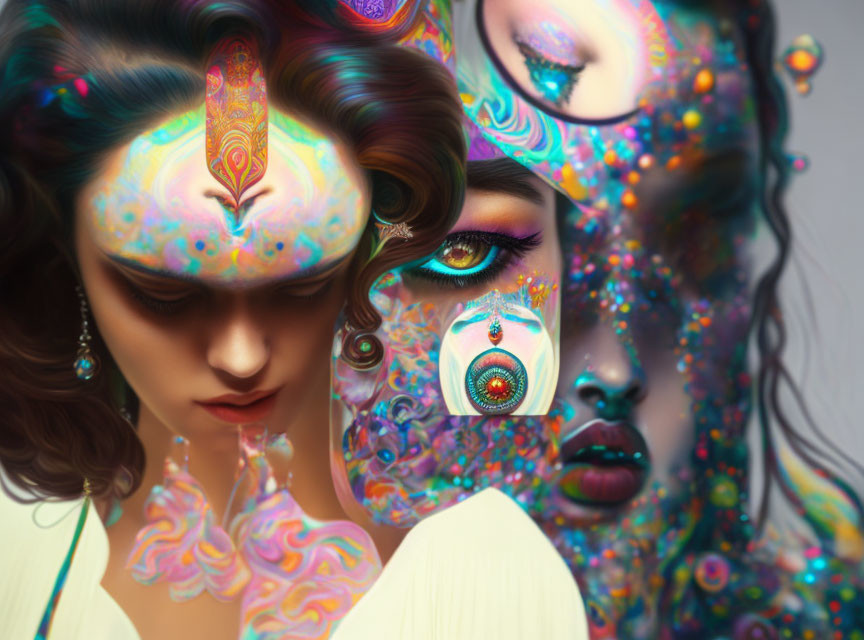 Colorful surreal portrait of a woman with peacock feather motifs.