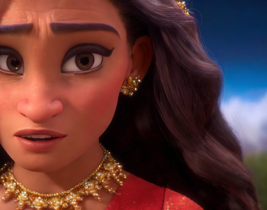 Detailed depiction of animated female character with brown eyes and long wavy hair, adorned with gold earrings and