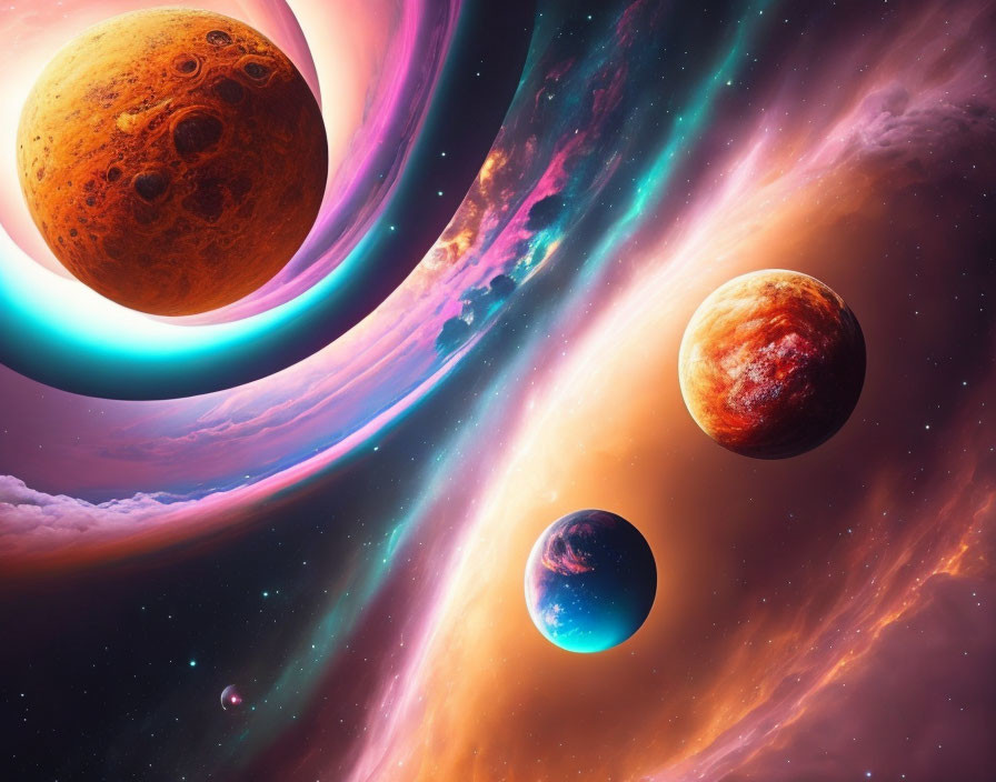 Colorful cosmic scene with planets, nebula, and glowing ring