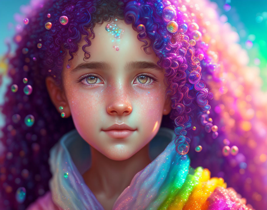 Colorful portrait of girl with curly hair in purple and pink hues against vibrant backdrop