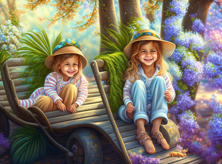 Smiling children on park bench in vibrant landscape