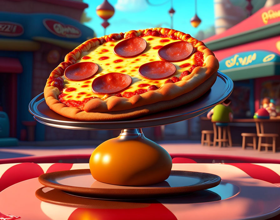 Pepperoni pizza on glass stand in 3D render with pizzeria background.