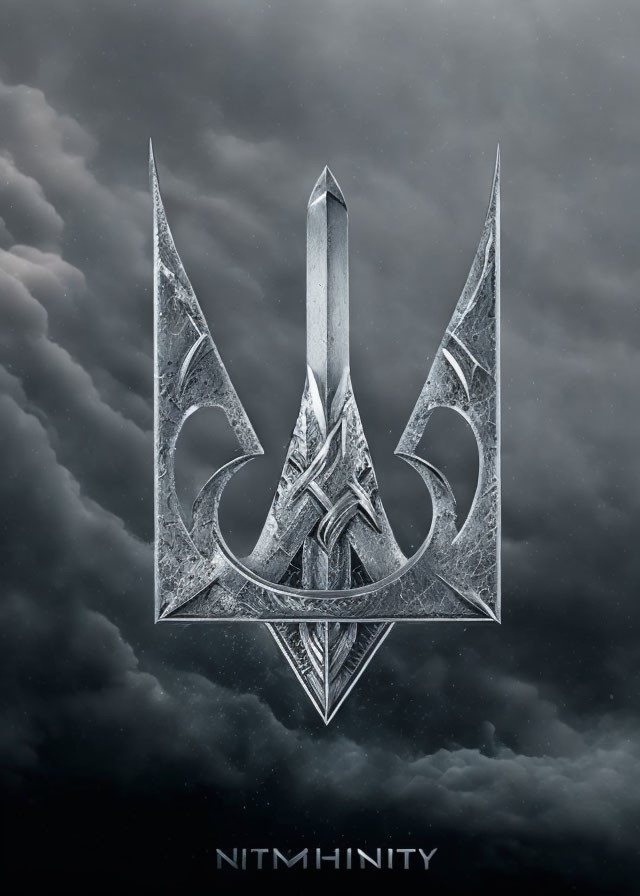 Intricate metallic silver emblem on stormy grey clouds background