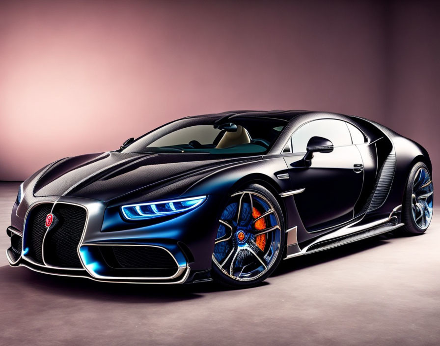 Black Sports Car with Blue Lighting, Alloy Wheels & Bugatti Emblem