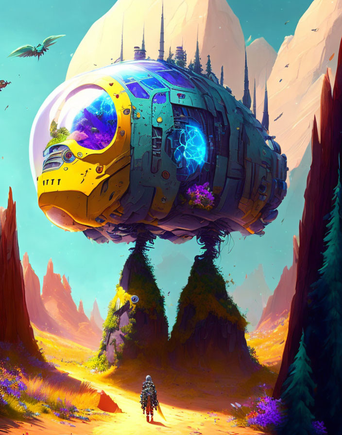 Futuristic floating ship with transparent dome in colorful alien landscape