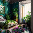 Botanical-themed bedroom with green walls, plants, floral carpet