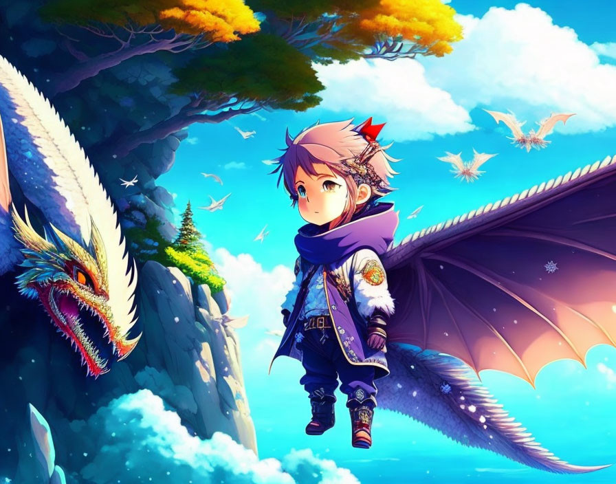 Vibrant fantasy illustration: young adventurer and dragon in colorful skies