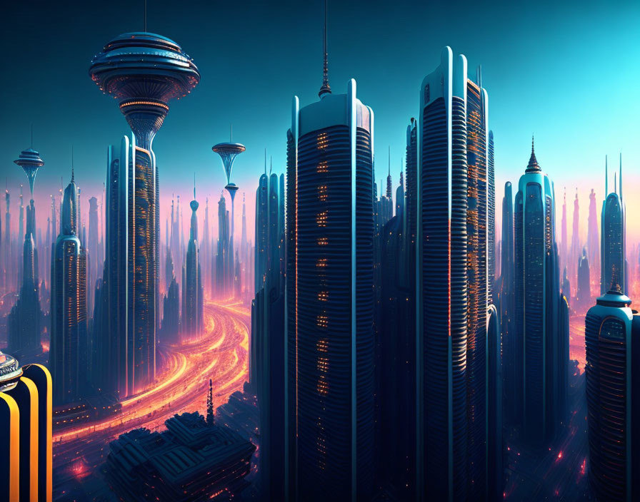 Futuristic cityscape at dusk with neon lights and soaring skyscrapers