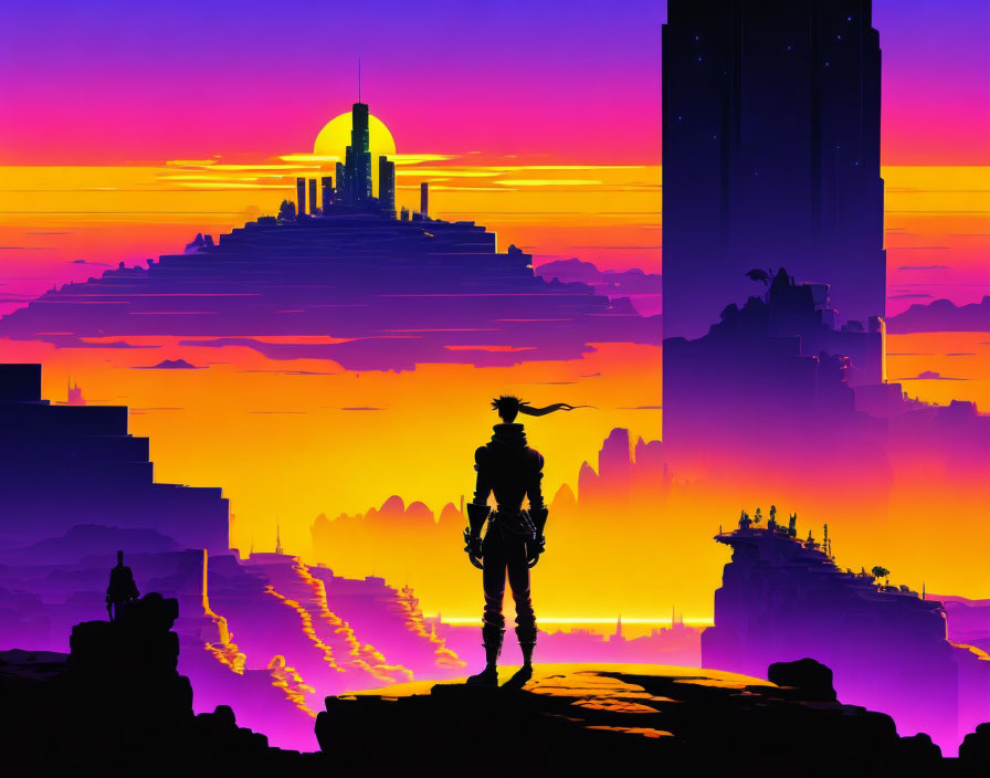 Silhouette of warrior with sword overlooking futuristic city at sunset