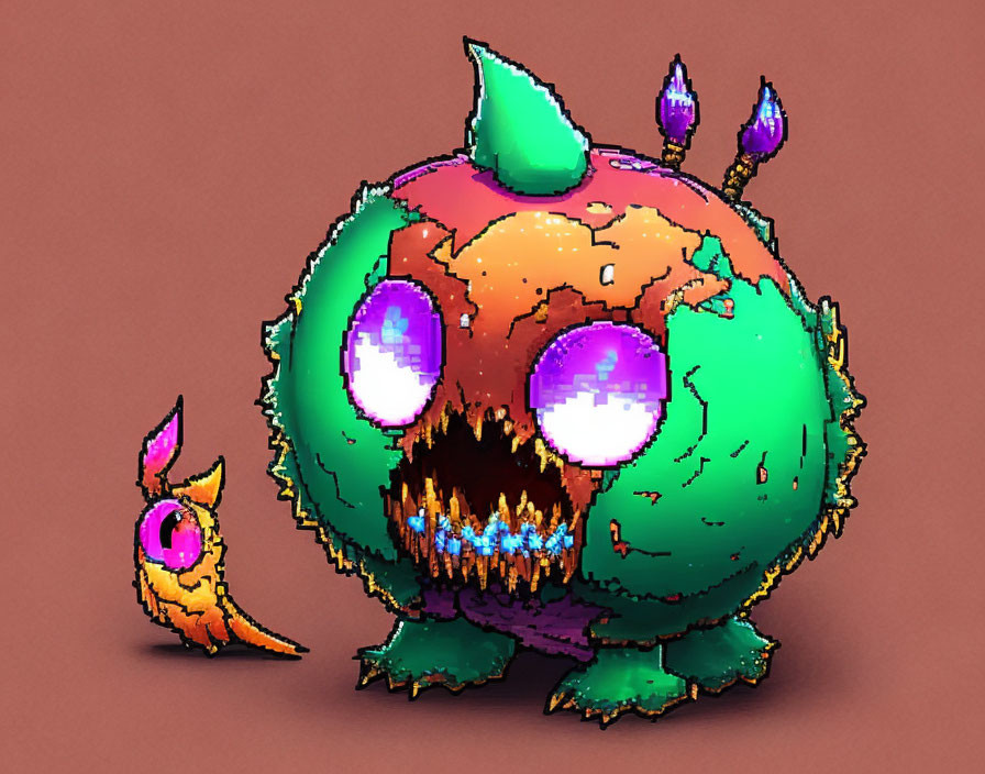 Green Monster Pixel Art with Purple Eyes & Small Creatures on Brown Background